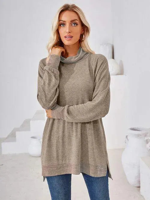 Contrast Mock Neck Long Sleeve T-Shirt Khaki Women's T-Shirts - Tophatter Daily Deals