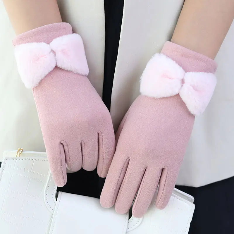 Warm Women Gloves - Bow Cuff, Fleece Lined, For Winter Pink One Size - Tophatter Daily Deals