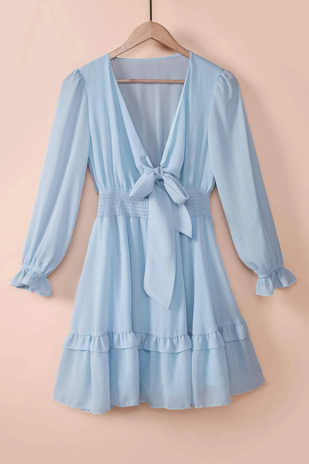 Tied Plunge Smocked Waist Flounce Sleeve Dress Sky Blue Casual Dresses - Tophatter Daily Deals