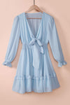 Tied Plunge Smocked Waist Flounce Sleeve Dress Sky Blue Casual Dresses - Tophatter Daily Deals