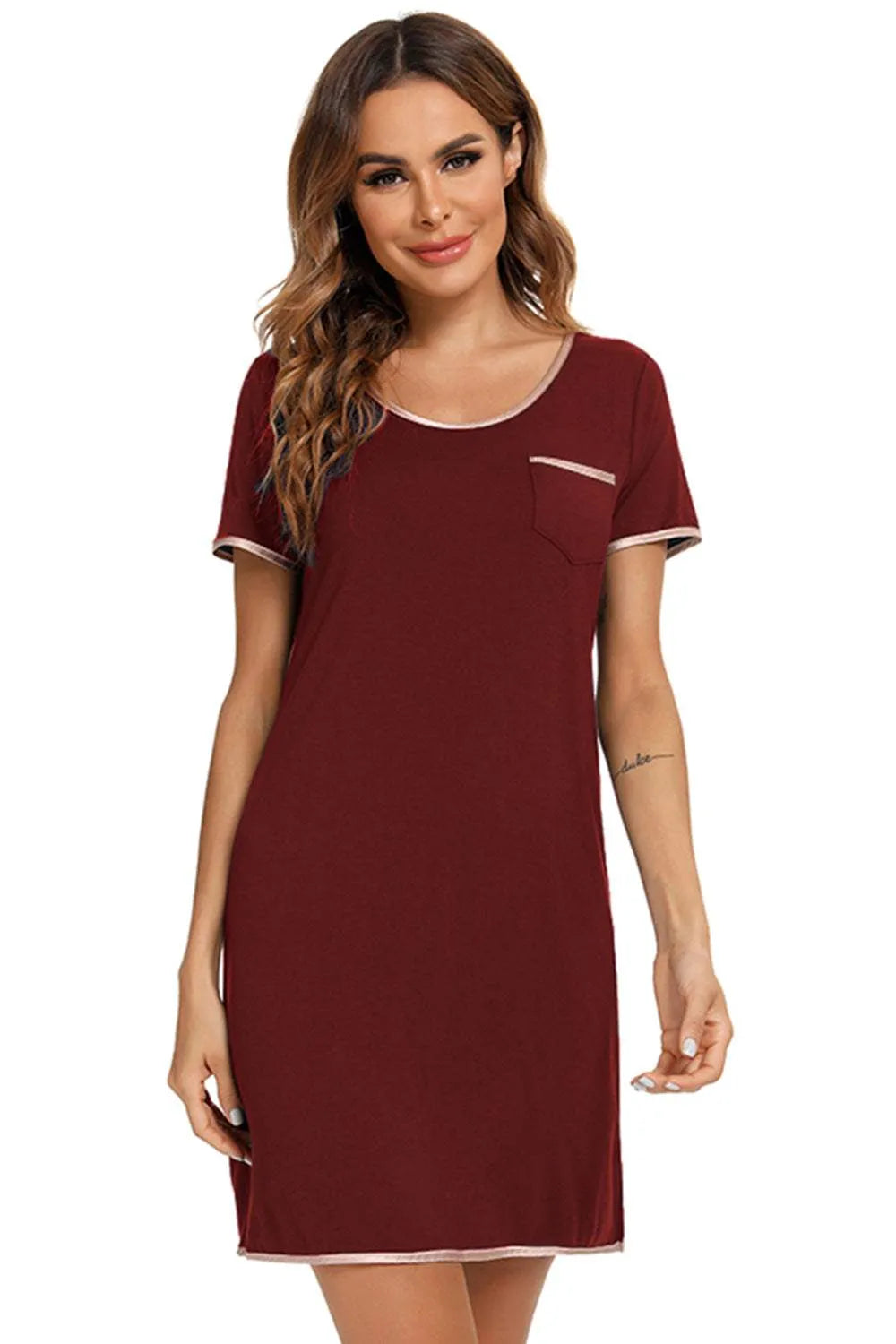 Contrast Trim Pocketed Round Neck Lounge Dress Sleep Dresses - Tophatter Daily Deals