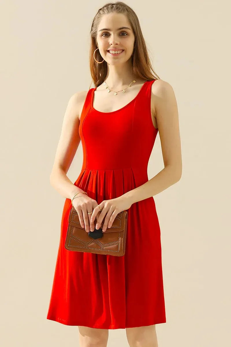 Doublju Full Size Round Neck Ruched Sleeveless Dress with Pockets RED Cocktail Dresses - Tophatter Daily Deals