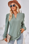 Ruched Notched Long Sleeve T-Shirt Gum Leaf Women's T-Shirts - Tophatter Daily Deals