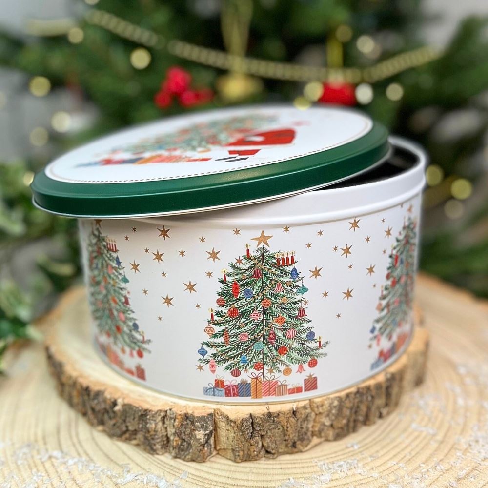 Christmas Tree Cake Tin | Round Metal Festive Cookie Storage Tin 24 x 12cm Tin - Tophatter Daily Deals