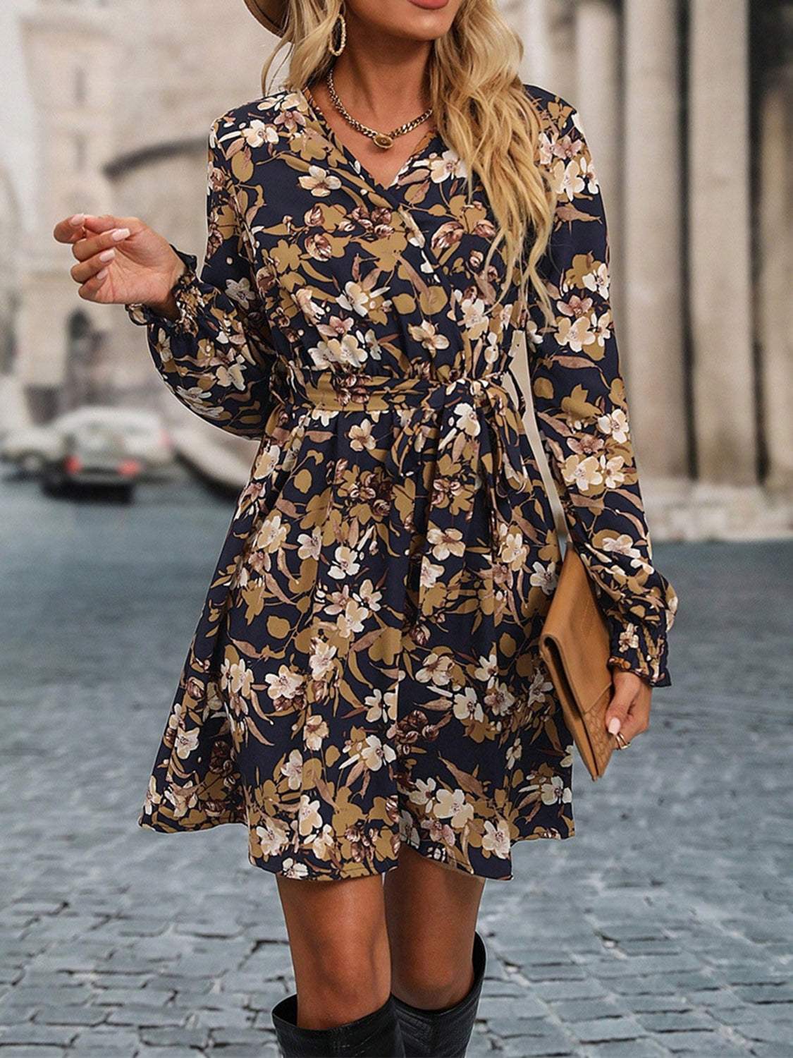 Printed Surplice Tie Waist Mini Dress Casual Dresses - Tophatter Daily Deals