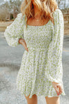 Smocked Floral Square Neck Balloon Sleeve Dress Mist Green Casual Dresses - Tophatter Daily Deals