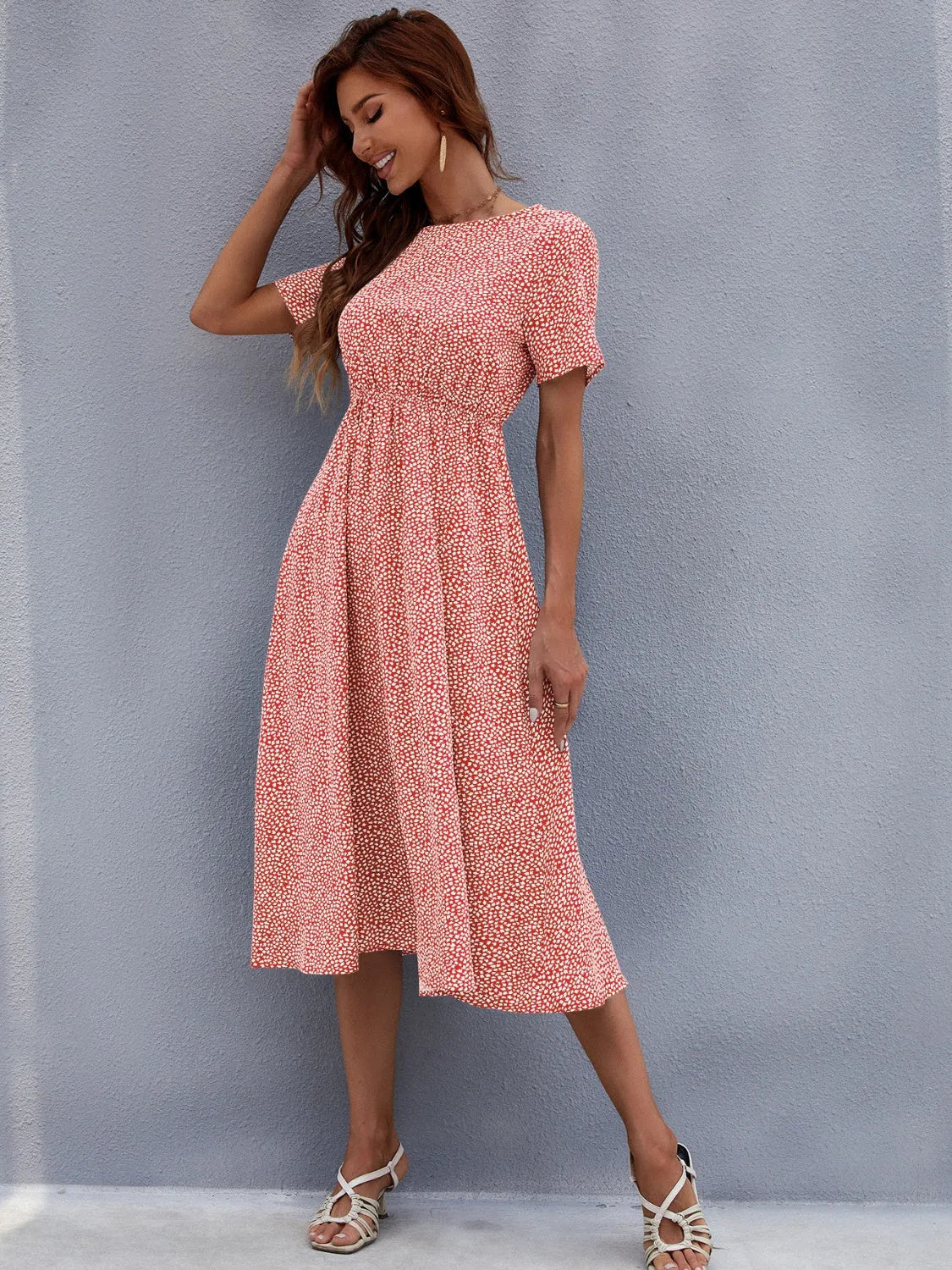 Printed Round Neck Short Sleeve Midi Dress Casual Dresses - Tophatter Daily Deals