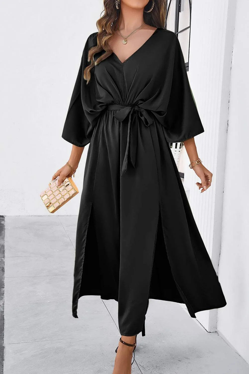 Slit Tied V-Neck Three-Quarter Sleeve Dress Casual Dresses - Tophatter Daily Deals