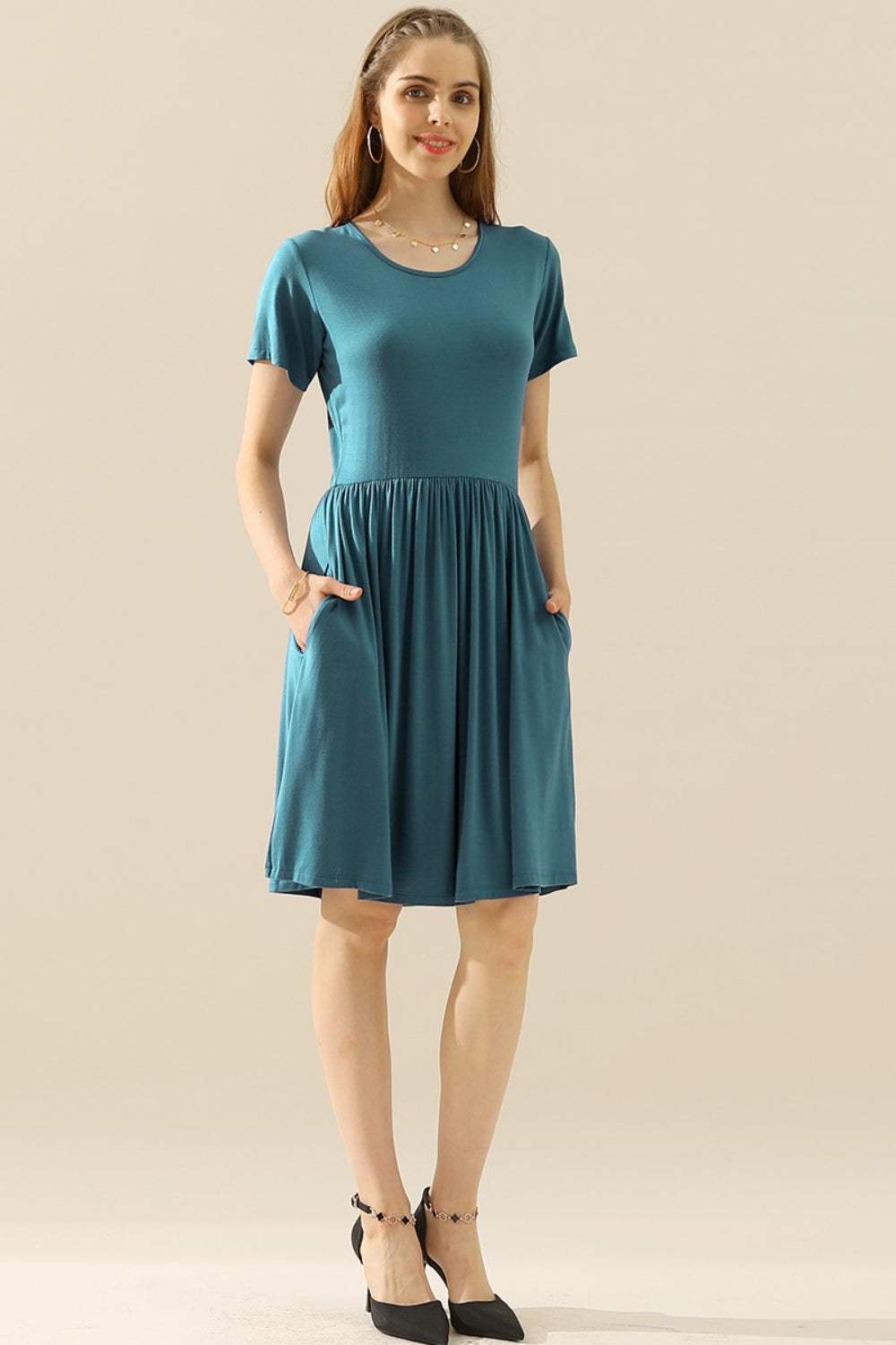 Ninexis Full Size Round Neck Ruched Dress with Pockets TEAL Cocktail Dresses - Tophatter Daily Deals