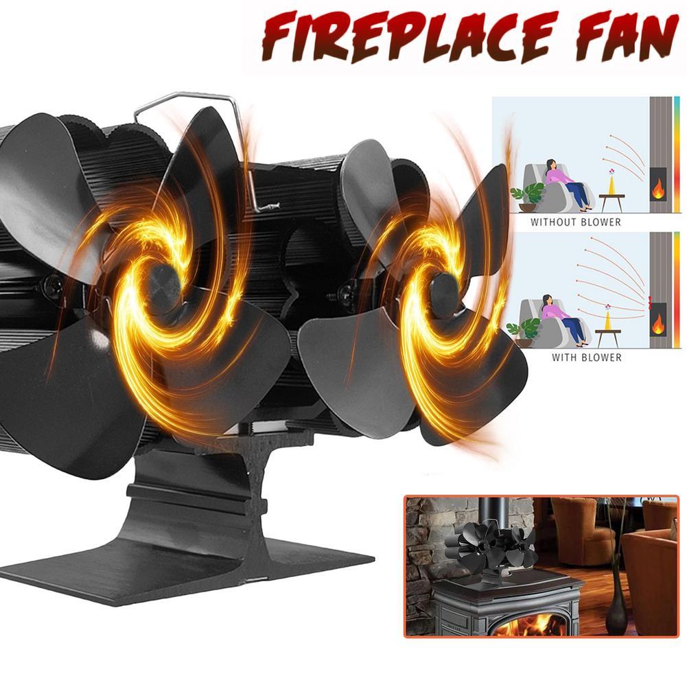 8 Leaf Double Head Fireplace Heat Power Fan 0 - Tophatter Daily Deals