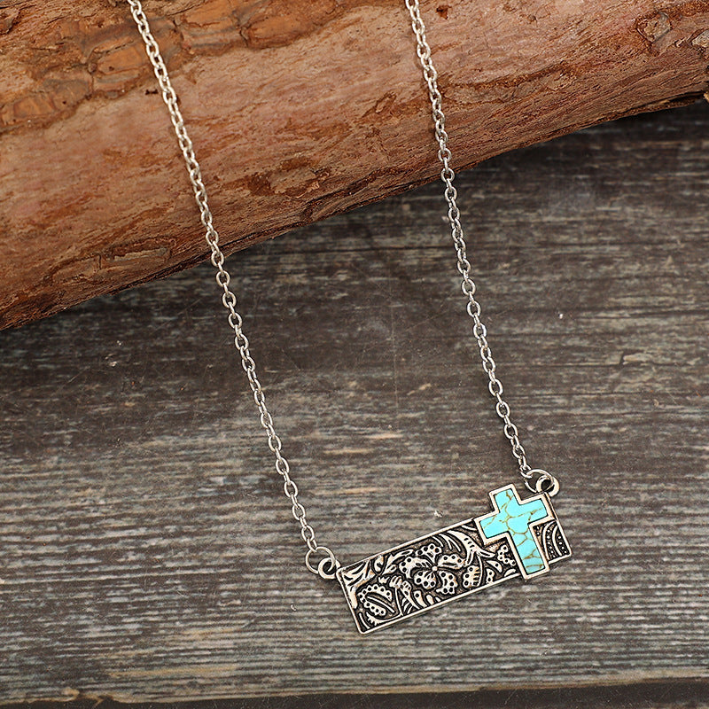 Artificial Turquoise Cross Bar Necklace Necklaces - Tophatter Daily Deals