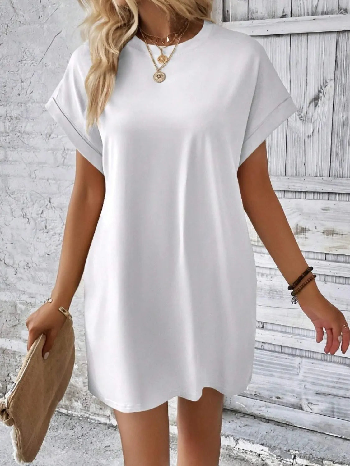 Pocketed Round Neck Short Sleeve Dress Casual Dresses - Tophatter Daily Deals