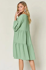 Double Take Full Size V-Neck Balloon Sleeve Tiered Dress Casual Dresses - Tophatter Daily Deals