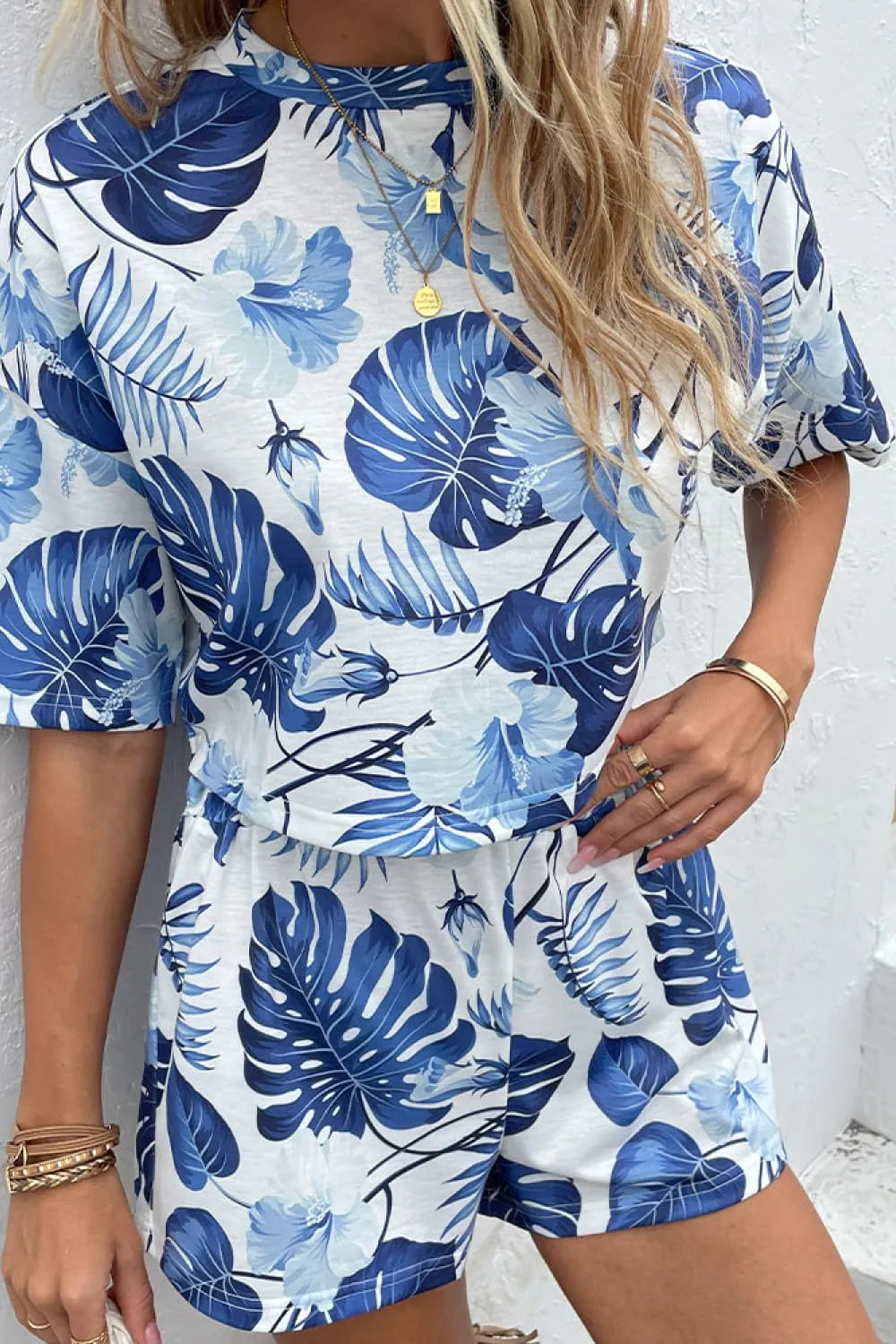 Printed Half Sleeve Top and Shorts Lounge Set Blue Leaf Loungewear Sets - Tophatter Daily Deals