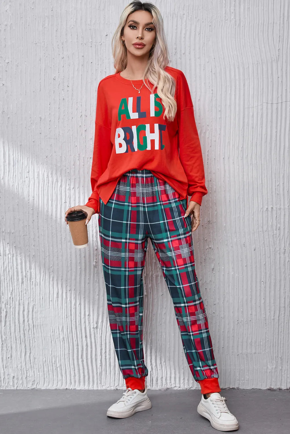 ALL IS BRIGHT Round Neck Top and Plaid Pants Lounge Set Loungewear Sets - Tophatter Daily Deals