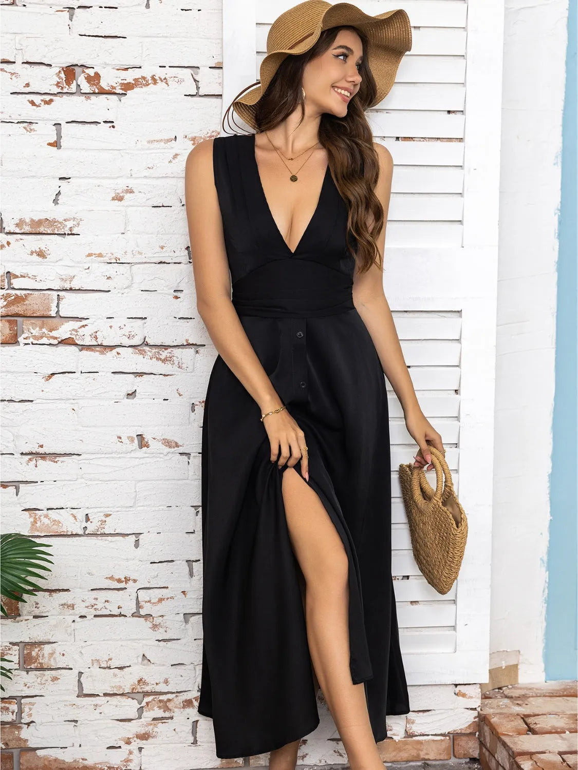 Full Size Slit V-Neck Sleeveless Midi Dress Casual Dresses - Tophatter Daily Deals