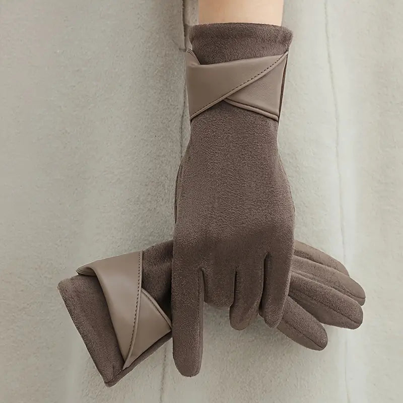 Warm Women's Winter Gloves - Faux Leather Cuff, Fleece Gray Coffee One Size - Tophatter Daily Deals