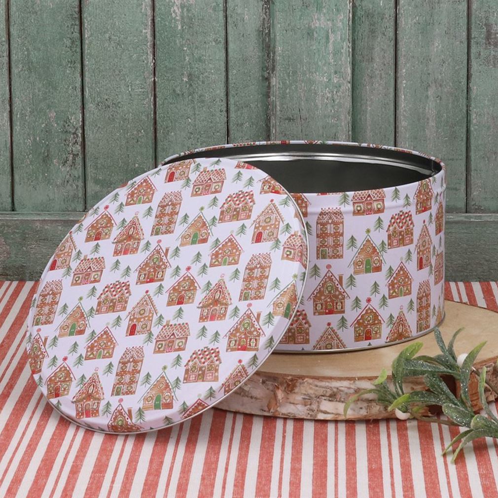 Gingerbread House Christmas Cake Tin | Festive Round Kitchen Storage Tin 23x12cm Tin - Tophatter Daily Deals