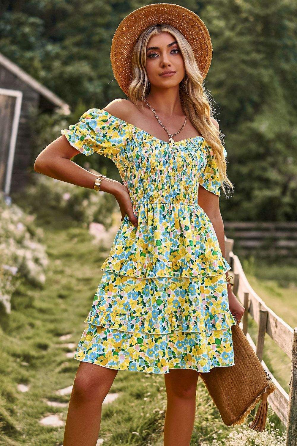 Smocked Sweetheart Neck Flounce Sleeve Mini Dress Casual Dresses - Tophatter Daily Deals