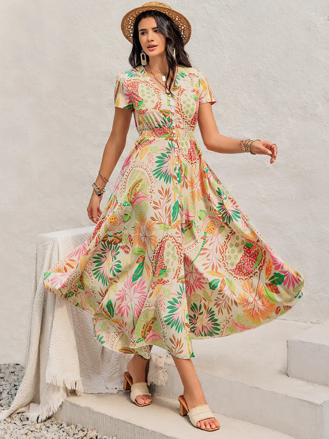 Printed V-Neck Short Sleeve Midi Dress Pastel Yellow Casual Dresses - Tophatter Daily Deals