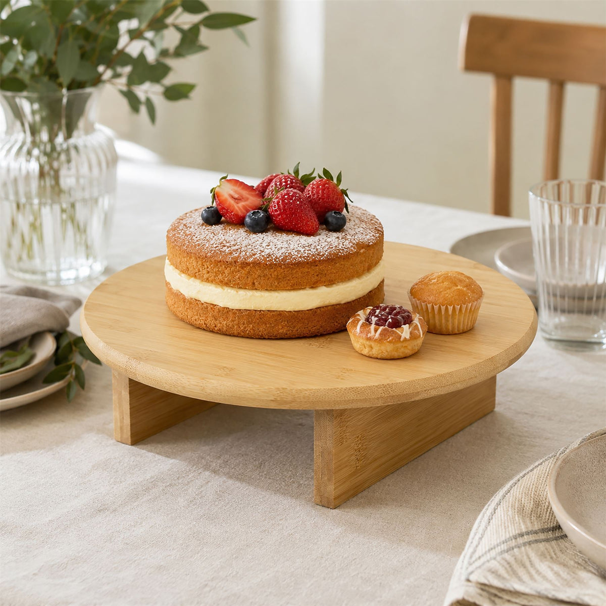 Wooden Raised Round Serving Platter 30cm, Footed Serving Board for Cake & Pastry Serving Board - Tophatter Daily Deals