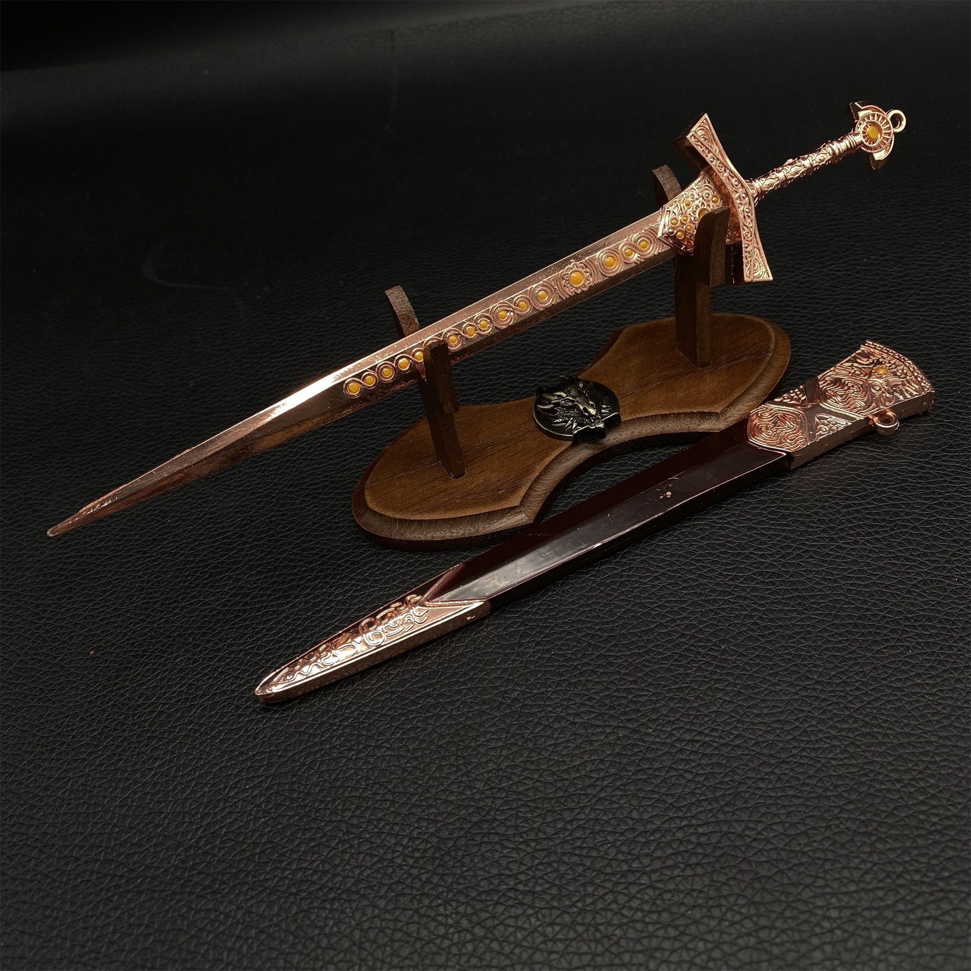 Metal ER Swords Metal Weapons Mini Replica 32 Options Miquellan Knight's Sword & Oak Wood Stand - Tophatter Daily Deals