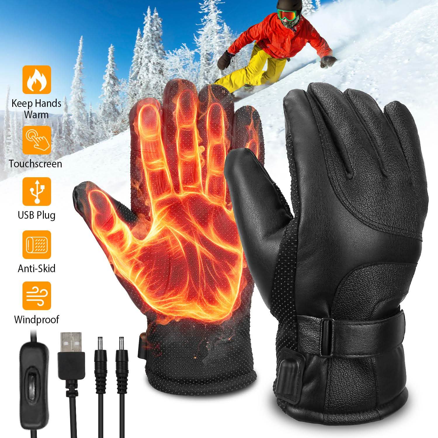Electric Heated Touchscreen Thermal Gloves Leather USB Plug Outdoor Recreation - Tophatter Daily Deals