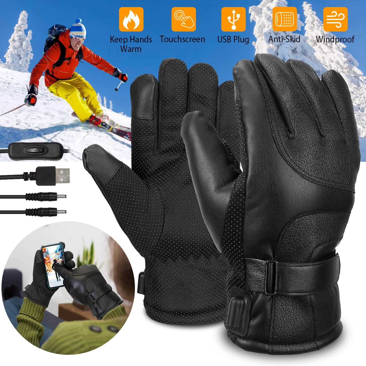 Electric Heated Touchscreen Thermal Gloves Leather USB Plug Outdoor Recreation - Tophatter Daily Deals