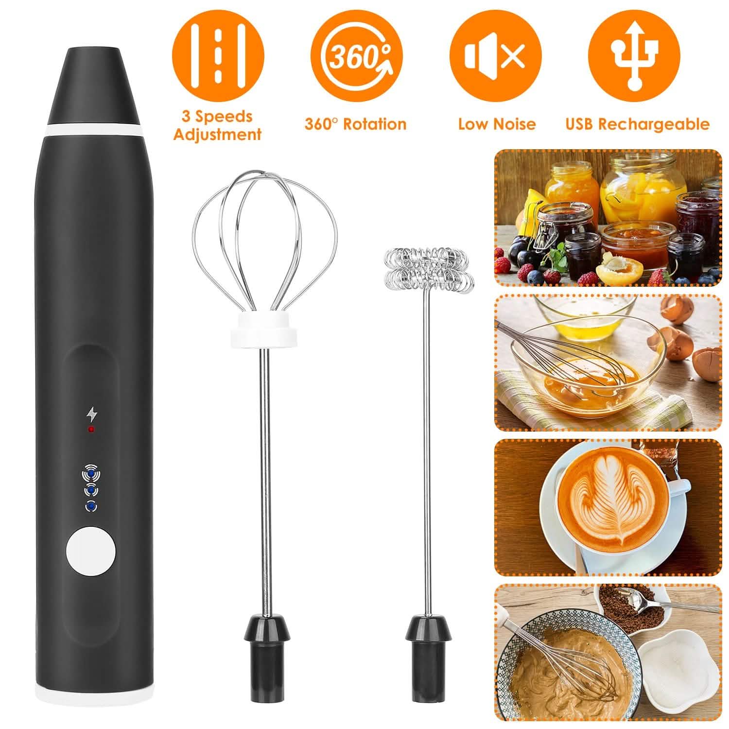 Electric Milk Frother with 2 Whisk Heads Kitchen Tools & Gadgets - Tophatter Daily Deals