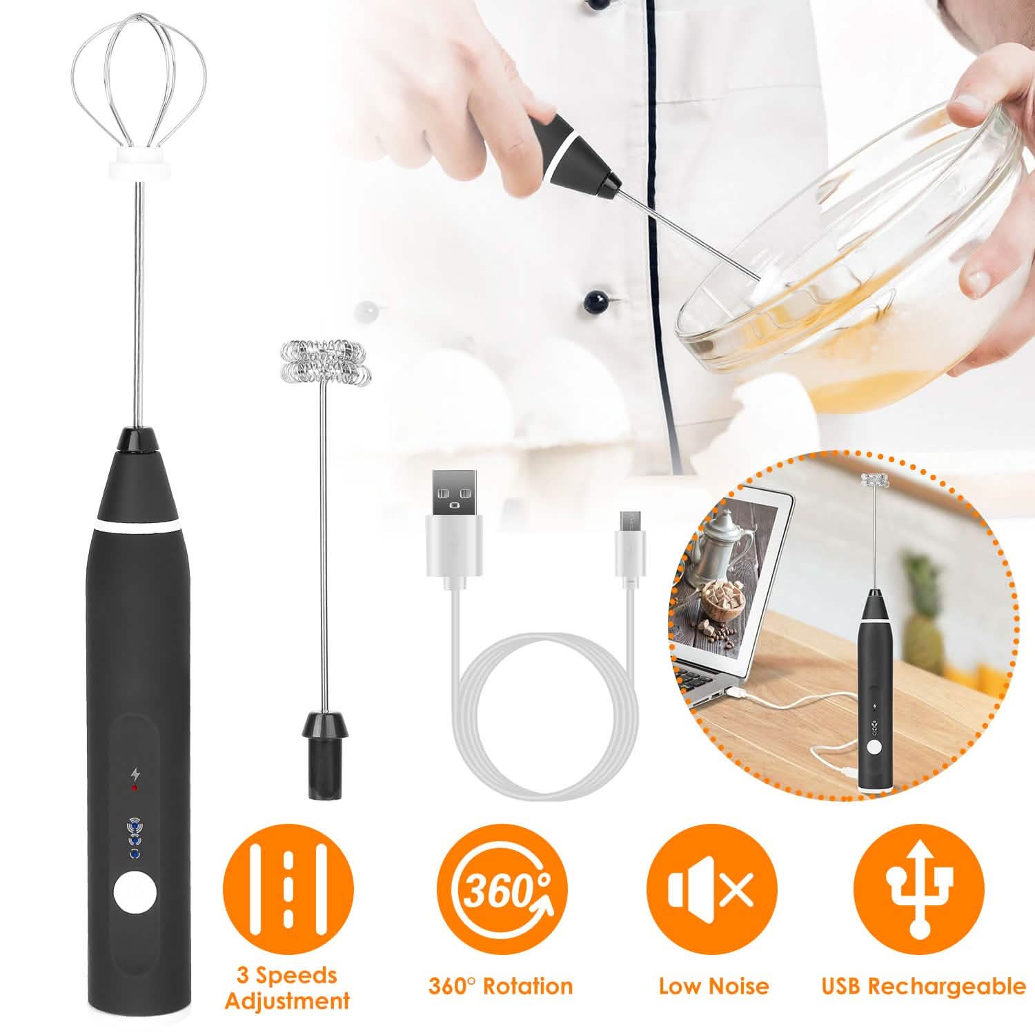 Electric Milk Frother with 2 Whisk Heads Kitchen Tools & Gadgets - Tophatter Daily Deals