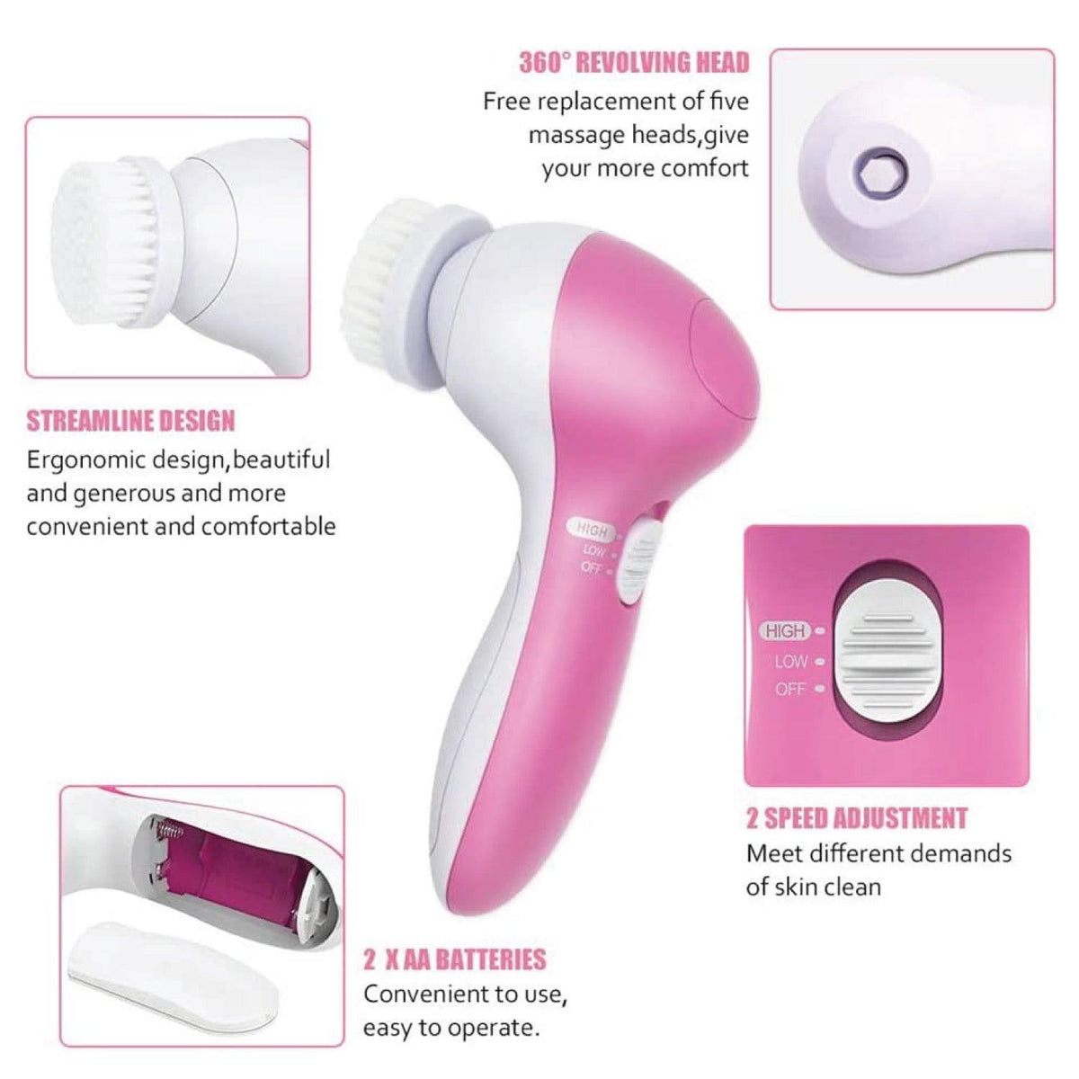 Facial Cleansing Brush - 5 in 1 Electric Facial Cleaner Wash Face Brusher Hand Skin Exfoliation Massager Personal Care - Tophatter Daily Deals