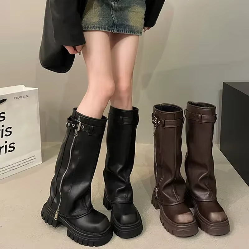 Elegant Black Platform Long Pipe Booties Brown Biker Boots Boots - Tophatter Daily Deals