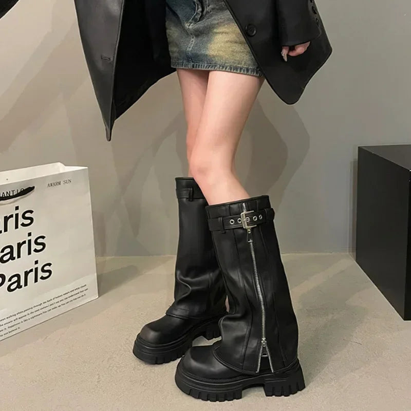 Elegant Black Platform Long Pipe Booties Brown Biker Boots Boots - Tophatter Daily Deals