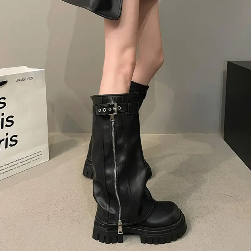 Elegant Black Platform Long Pipe Booties Brown Biker Boots Boots - Tophatter Daily Deals