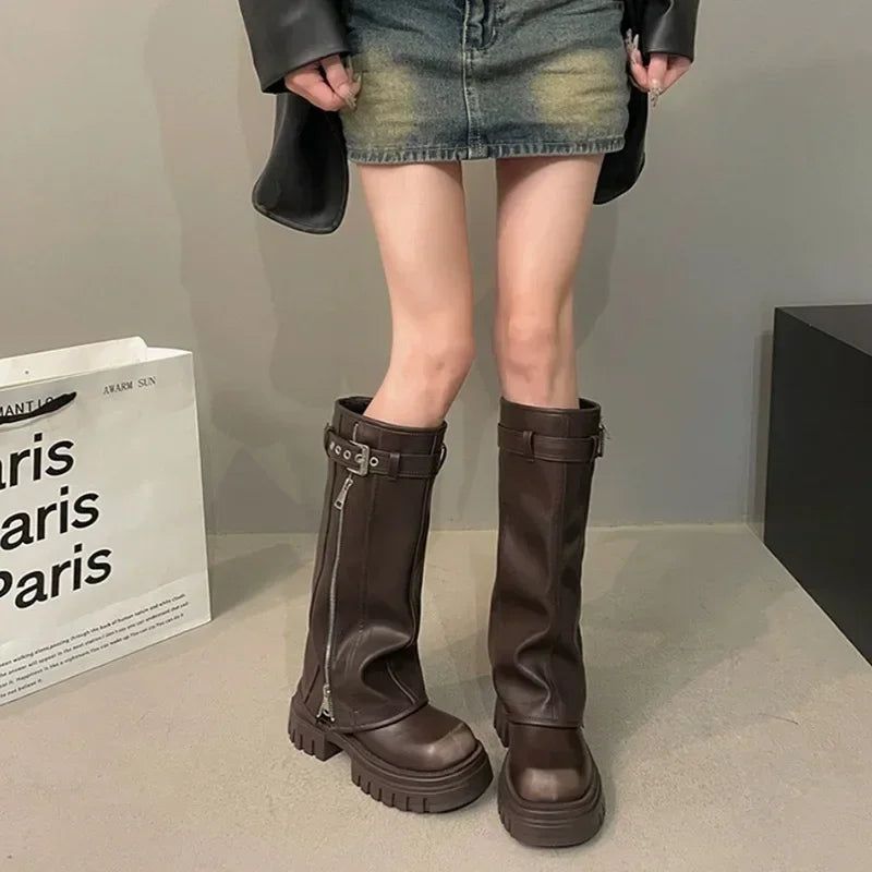 Elegant Black Platform Long Pipe Booties Brown Biker Boots Boots - Tophatter Daily Deals