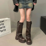 Elegant Black Platform Long Pipe Booties Brown Biker Boots Boots - Tophatter Daily Deals