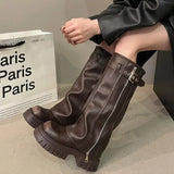 Elegant Black Platform Long Pipe Booties Brown Biker Boots Boots - Tophatter Daily Deals