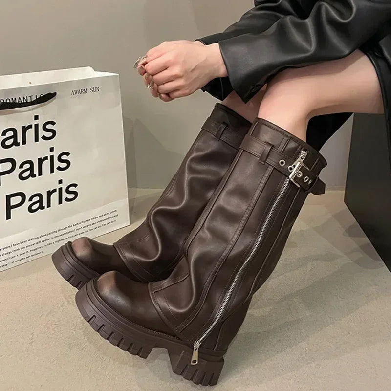 Elegant Black Platform Long Pipe Booties Brown Biker Boots Boots - Tophatter Daily Deals