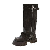Elegant Black Platform Long Pipe Booties Brown Biker Boots Boots - Tophatter Daily Deals