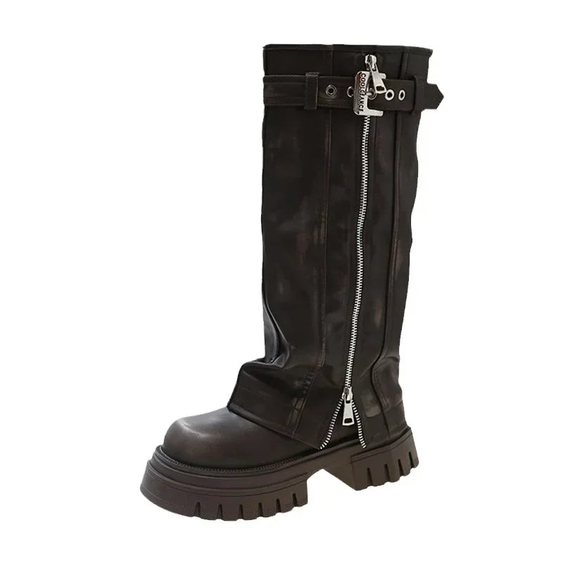 Elegant Black Platform Long Pipe Booties Brown Biker Boots Boots - Tophatter Daily Deals