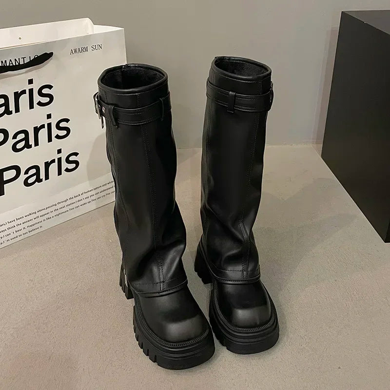 Elegant Black Platform Long Pipe Booties Brown Biker Boots Black Boots - Tophatter Daily Deals