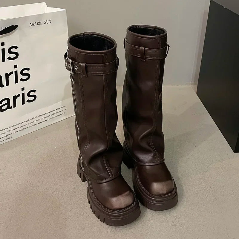 Elegant Black Platform Long Pipe Booties Brown Biker Boots Brown Boots - Tophatter Daily Deals