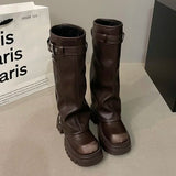 Elegant Black Platform Long Pipe Booties Brown Biker Boots Brown Boots - Tophatter Daily Deals