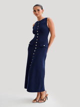 Elegant Lady Knitted Long Dresses Blue Sleeveless Dresses - Tophatter Daily Deals