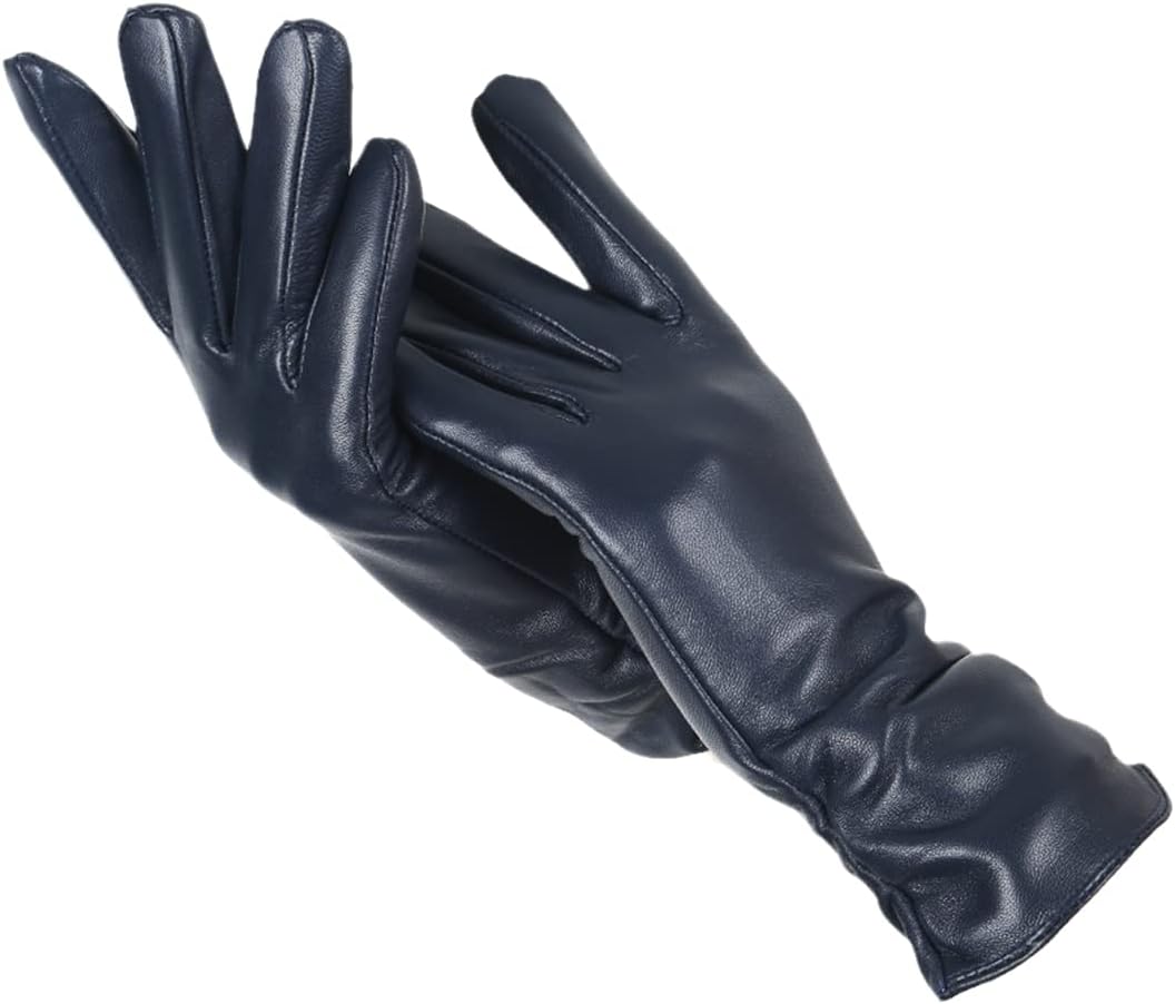 Soft Classic Women Leather Gloves - Tailored Wool Lined Navy blue - Tophatter Daily Deals