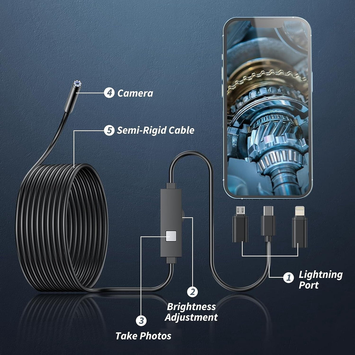 1920p HD Endoscope Inspection Camera with 8 Level LED Light, IP67, for iPhone and Android Cameras & Drones - Tophatter Daily Deals