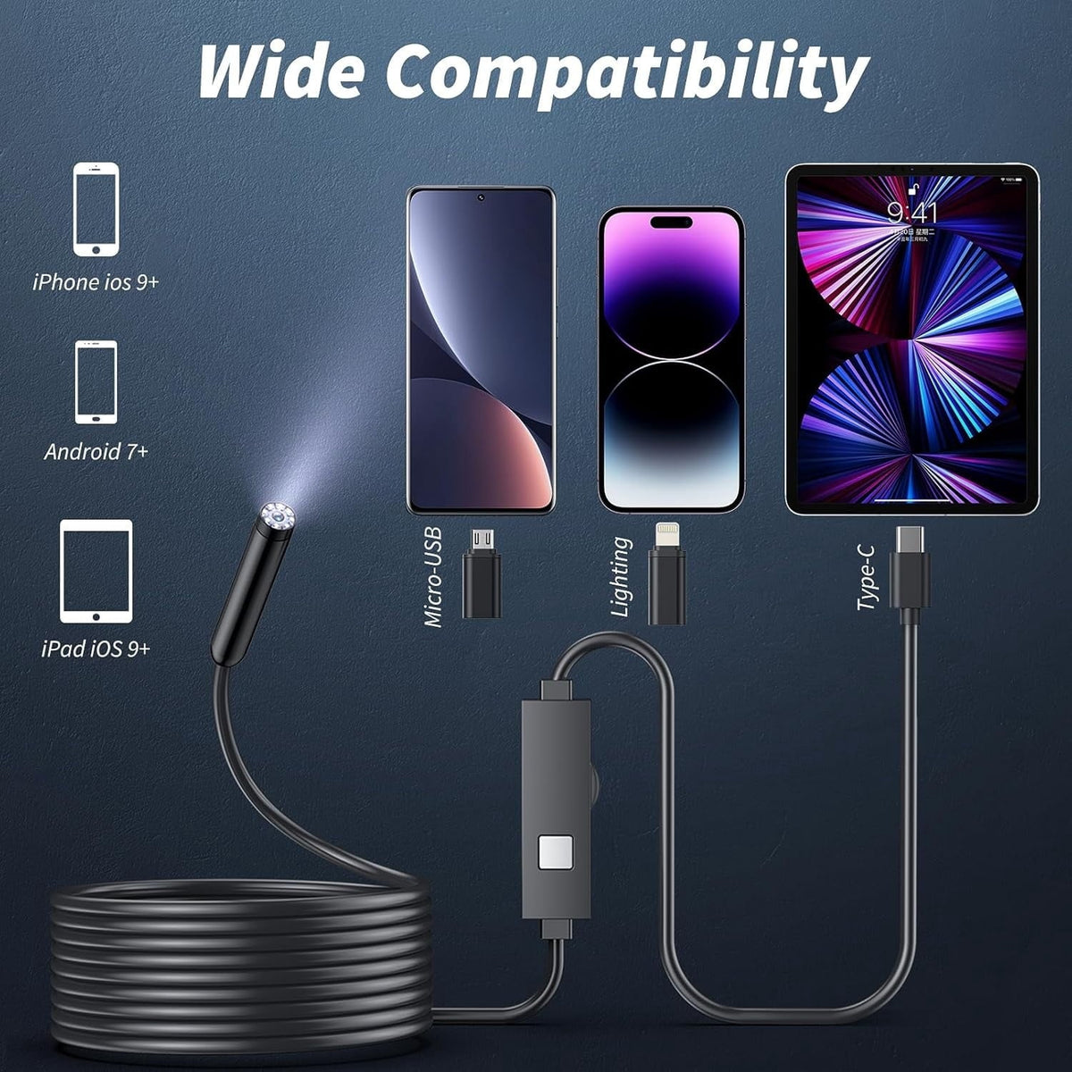 1920p HD Endoscope Inspection Camera with 8 Level LED Light, IP67, for iPhone and Android Cameras & Drones - Tophatter Daily Deals