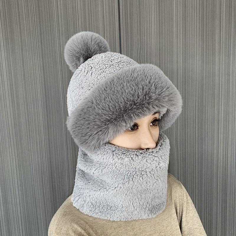 Warm Cozy Women Hat And Neckwarmer - Plush Faux Fur Winter Gray - Tophatter Daily Deals
