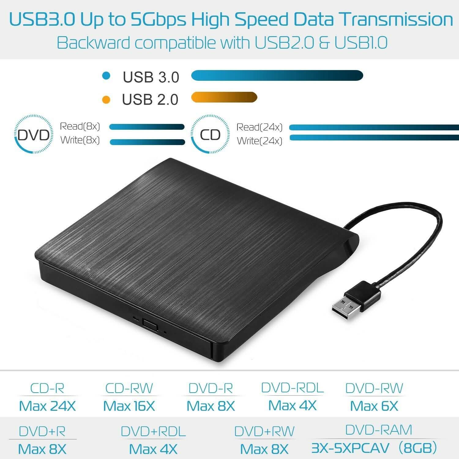 External CD DVD Drive USB 3.0 Slim Computer Accessories - Tophatter Daily Deals