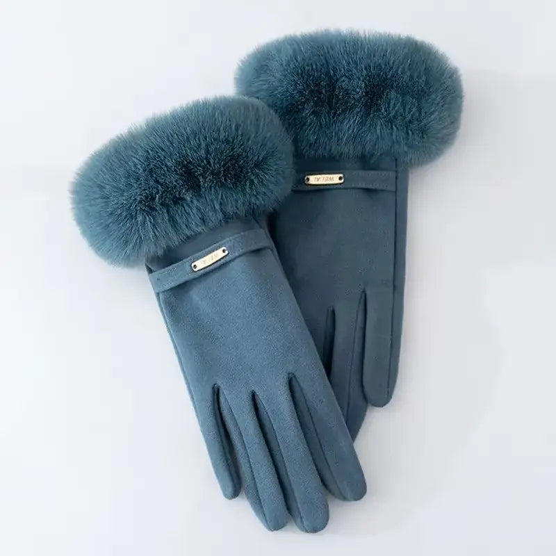 Insulating Women's Gloves - Fur Cuff, Suede, For Commuting Green One Size - Tophatter Daily Deals